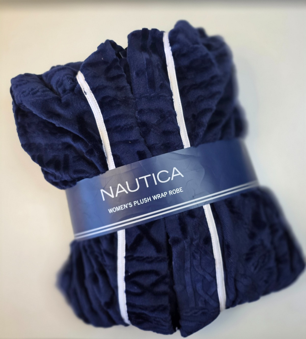 Nautica Women's Plush Wrap Robe L/XL Navy Blue Comfy Fluffy Soft Gift NEW